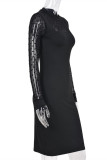 Black Fashion Sexy Patchwork See-through O Neck Long Sleeve Dresses