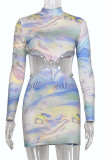 Multicolor Fashion Sexy Print Hollowed Out Asymmetrical Half A Turtleneck Long Sleeve Dresses