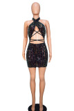 Black Sexy Patchwork Hollowed Out Sequins Backless Halter Sleeveless Dress