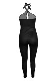 Black Sexy Print Hollowed Out Patchwork Halter Skinny Jumpsuits