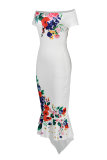 White Sexy Print Patchwork Off the Shoulder Trumpet Mermaid Dresses