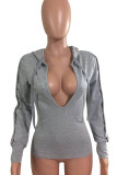 Grey Sexy Solid Patchwork Hooded Collar Tops