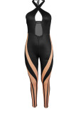 Black Sexy Print Hollowed Out Patchwork Halter Skinny Jumpsuits