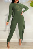 Green Fashion Casual Print Tassel O Neck Skinny Jumpsuits