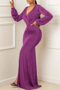 Purple Sexy Solid Fold V Neck Asymmetrical Dresses