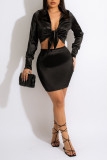 Green Sexy Solid Bandage Patchwork Turndown Collar Long Sleeve Two Pieces