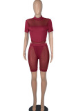 Colorful Blue Sexy Solid Patchwork See-through O Neck Short Sleeve Two Pieces