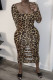 Leopard Print Fashion Sexy Print Leopard Hollowed Out U Neck Long Sleeve Dresses