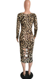 Leopard Print Fashion Sexy Print Leopard Hollowed Out U Neck Long Sleeve Dresses
