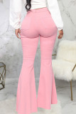 Pink Fashion Street Solid High Waist Denim Jeans