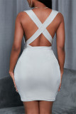Pink Fashion Casual Solid Backless V Neck Sleeveless Dress