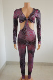Purple Fashion Sexy Print Hollowed Out V Neck Skinny Jumpsuits