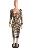 Leopard Print Fashion Sexy Print Leopard Hollowed Out U Neck Long Sleeve Dresses