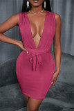 Pink Fashion Casual Solid Backless V Neck Sleeveless Dress