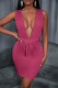 Rose Red Fashion Casual Solid Backless V Neck Sleeveless Dress
