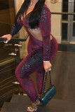 Purple Fashion Sexy Print Hollowed Out V Neck Skinny Jumpsuits