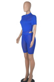 Colorful Blue Sexy Solid Patchwork See-through O Neck Short Sleeve Two Pieces