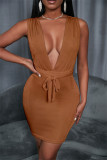 Pink Fashion Casual Solid Backless V Neck Sleeveless Dress