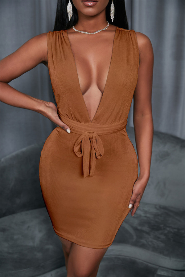 Brown Fashion Casual Solid Backless V Neck Sleeveless Dress