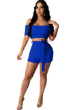 Blue pastoral Patchwork Two Piece Suits Solid pencil Sleeveless Two-Piece Short Set