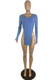 Blue Fashion Casual Solid Asymmetrical V Neck Tops