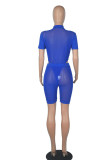 Colorful Blue Sexy Solid Patchwork See-through O Neck Short Sleeve Two Pieces