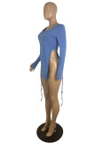 Blue Fashion Casual Solid Asymmetrical V Neck Tops