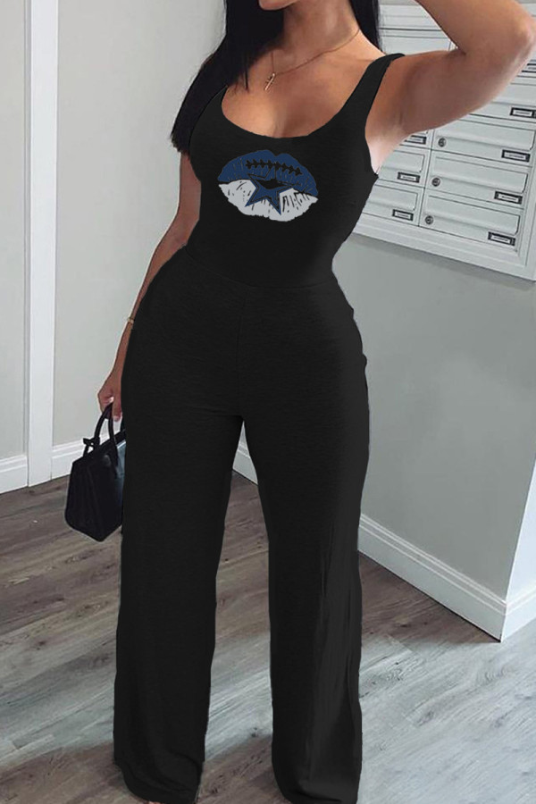 Black Fashion Casual Print Vests U Neck Regular Jumpsuits