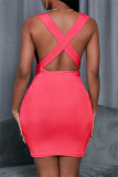 Pink Fashion Casual Solid Backless V Neck Sleeveless Dress