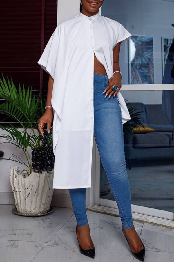 White Casual Solid Asymmetrical Short Sleeve Shirt Tops