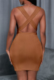 Pink Fashion Casual Solid Backless V Neck Sleeveless Dress