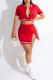 Red Casual Solid Patchwork Buckle Slit Long Sleeve Two Pieces