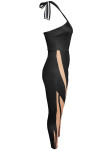 Black Sexy Print Hollowed Out Patchwork Halter Skinny Jumpsuits