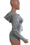 Grey Sexy Solid Patchwork Hooded Collar Tops