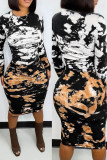 Black Sexy Print Patchwork O Neck Pencil Skirt Dresses