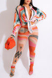 Pink Sexy Print Bandage Patchwork Turndown Collar Long Sleeve Two Pieces