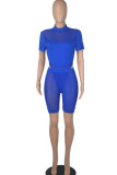 Colorful Blue Sexy Solid Patchwork See-through O Neck Short Sleeve Two Pieces