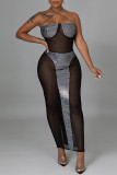 Black Fashion Sexy Patchwork Bandage See-through Backless Halter Strapless Dress
