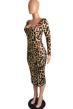 Leopard Print Fashion Sexy Print Leopard Hollowed Out U Neck Long Sleeve Dresses
