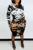 Black Sexy Print Patchwork O Neck Pencil Skirt Dresses