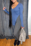 Blue Fashion Casual Solid Asymmetrical V Neck Tops