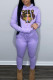 Light Purple Fashion Casual Print Letter Hooded Collar Long Sleeve Two Pieces