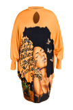 Orange Casual Print Split Joint O Neck Lantern Skirt Plus Size Dresses