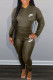 Army Green Fashion Simplicity Print Patchwork V Neck Long Sleeve Two Pieces