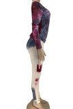 Purple Casual Print Patchwork Draw String Fold O Neck Long Sleeve Two Pieces
