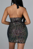 Black Sexy Patchwork Hollowed Out Sequins Backless Halter Sleeveless Dress