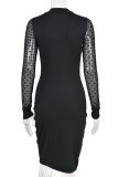 Black Fashion Sexy Patchwork See-through O Neck Long Sleeve Dresses