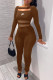 Brown Fashion Sportswear Print Patchwork Square Collar Jumpsuits