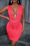 Pink Fashion Casual Solid Backless V Neck Sleeveless Dress
