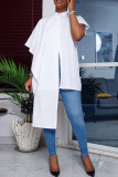 White Casual Solid Asymmetrical Short Sleeve Shirt Tops